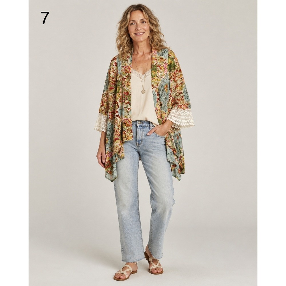 J Gee Kimono Top Womens Small Yellow Floral Print Crochet Cuffs Polyester Boho